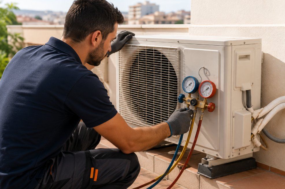 Técnico de Caldetarra reparando un equipo de aire acondicionado en Tarragona
