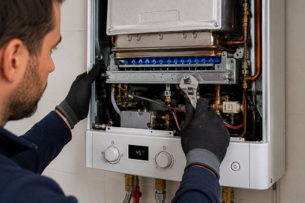 Técnico de Caldetarra reparando un calentador de gas en Tarragona