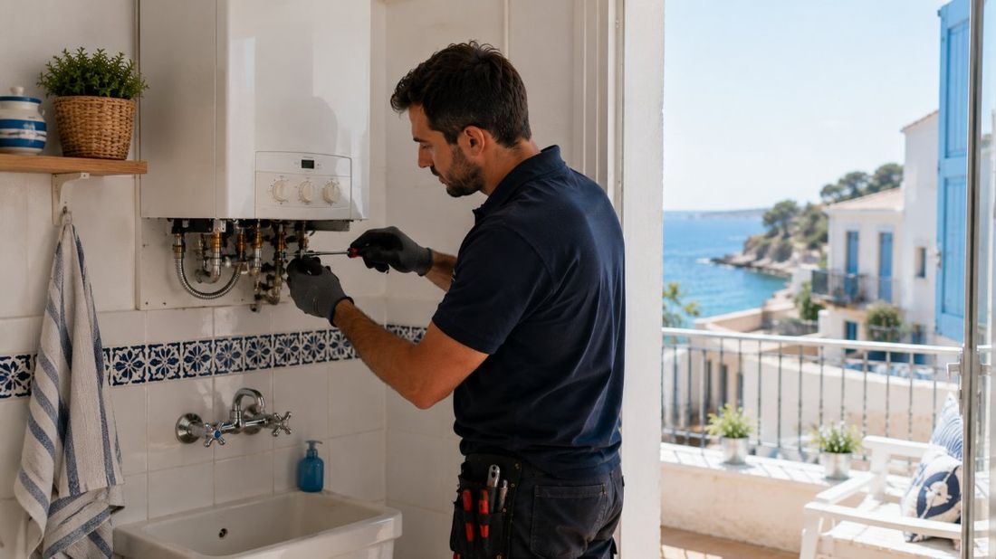Técnico de Caldetarra reparando una caldera en una vivienda de L'Hospitalet de l'Infant