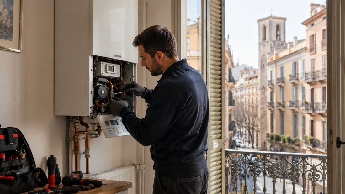 Técnico de Caldetarra reparando una caldera en un piso de Reus