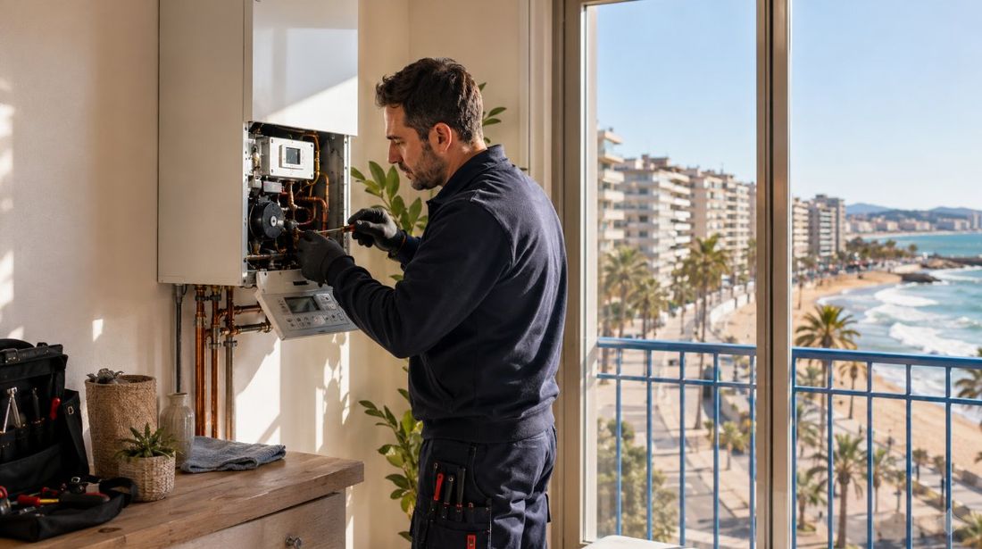 Técnico de Caldetarra revisando una caldera en un apartamento de Salou
