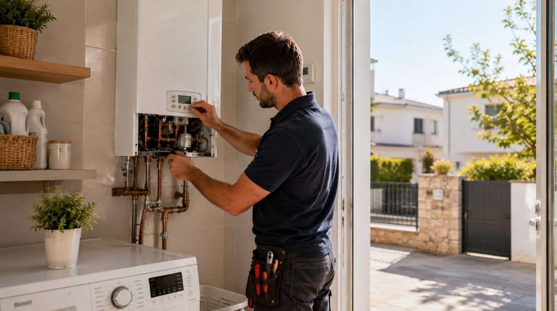 Técnico de Caldetarra reparando una caldera en una vivienda de Vila-seca