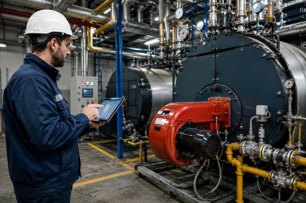 Técnico de Caldetarra inspeccionando una sala de calderas industrial en Tarragona