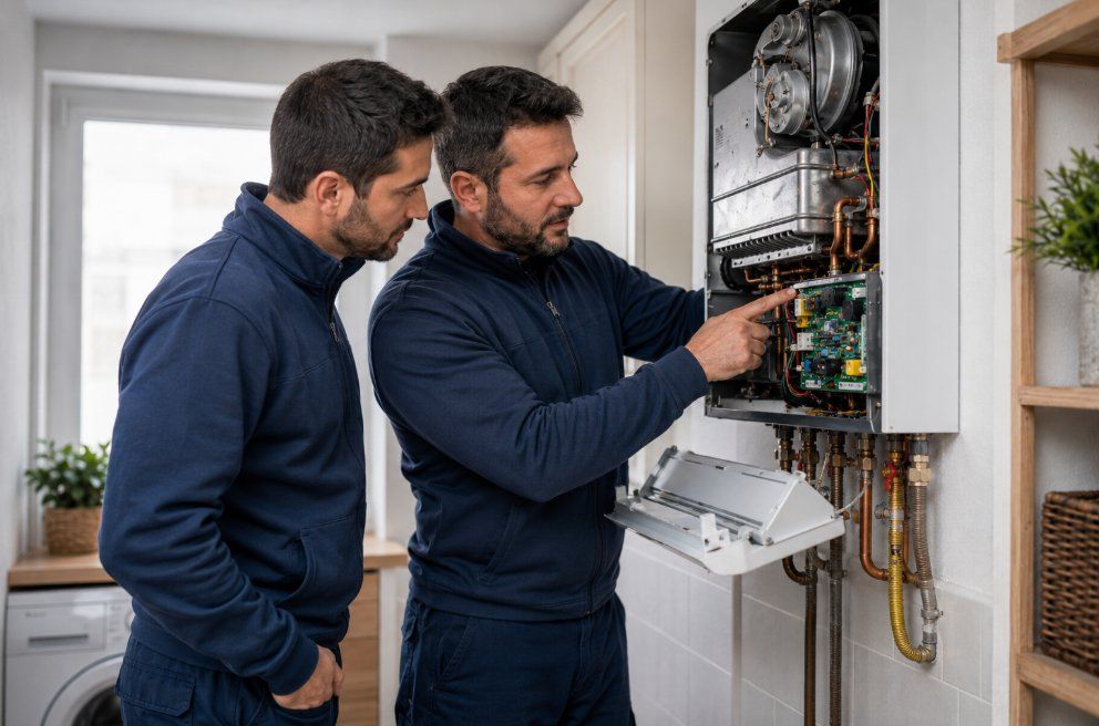 Técnicos de Caldetarra trabajando en una instalación de calefacción